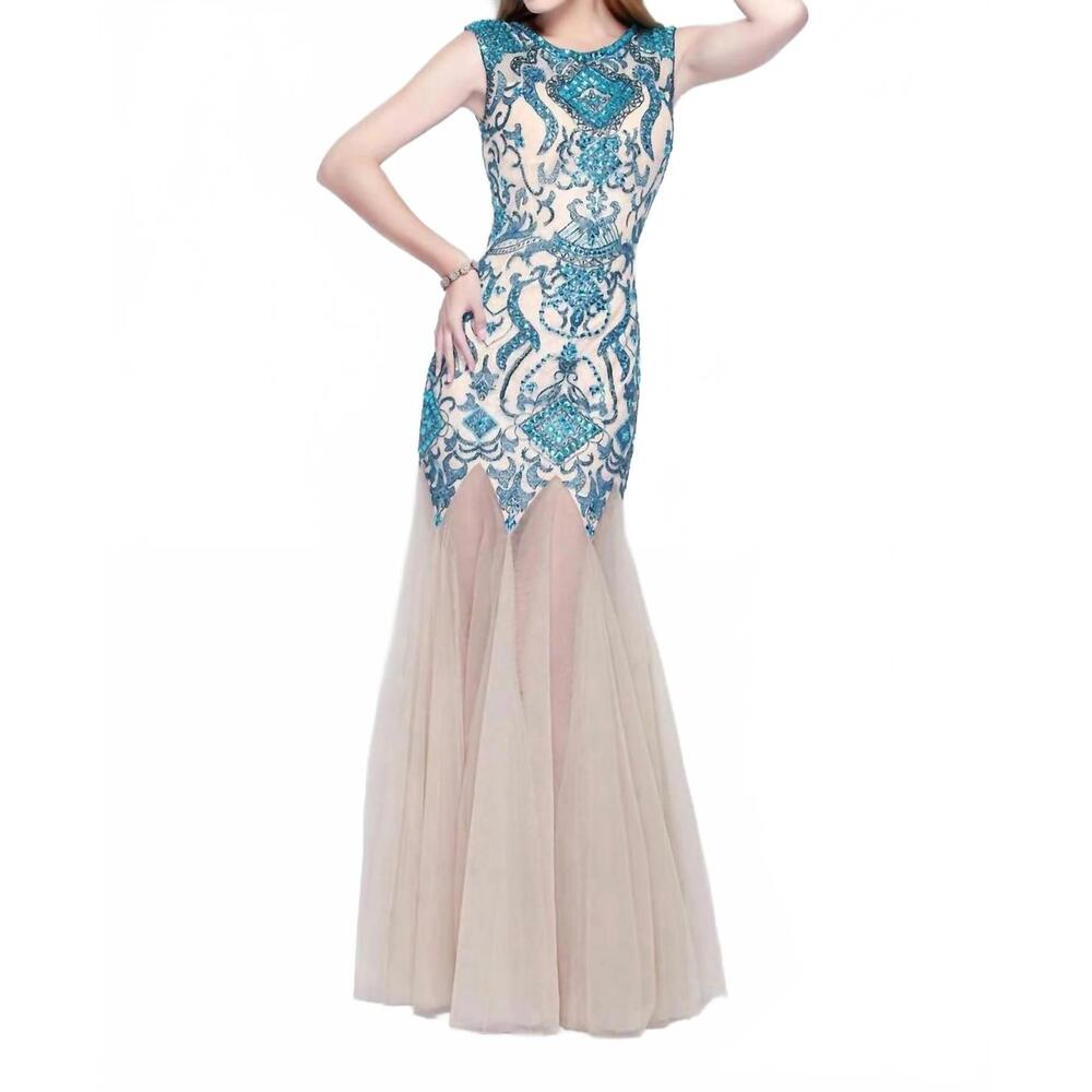NEW PRIMAVERA open back elegant evening gown in peacock